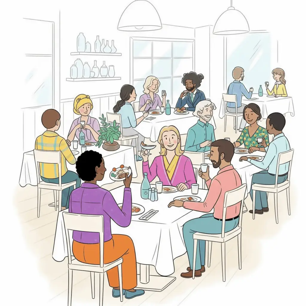 Ilustracja przedstawiająca restaurację pełną zadowolonych klientów, symbolizująca sukces w przyciąganiu gości dzięki skutecznemu marketingowi online.