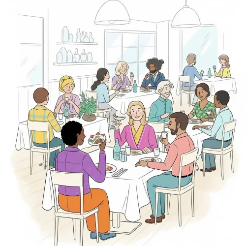 Gemini_Generated_Image_vnzz0bvnzz0bvnzz Ilustracja przedstawiająca restaurację pełną zadowolonych klientów, symbolizująca sukces w przyciąganiu gości dzięki skutecznemu marketingowi online.